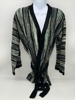 VTG Ms. Today Multi-Colored Knit Cardigan Sweater w/Tie Belt Stripe Pattern-12